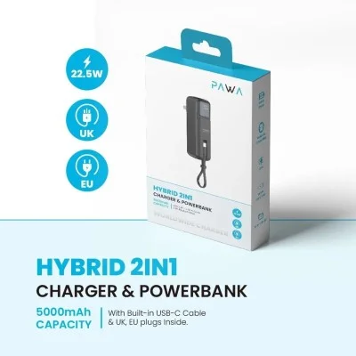 Pawa Hybrid 2-in-1 Charger & Power Bank with Built-in Cable & LED Display 5000mAh - Black